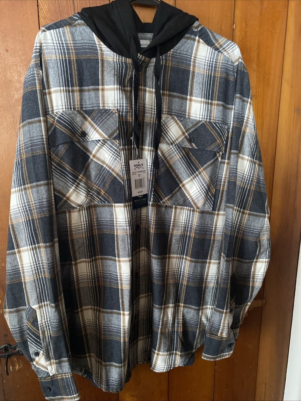 NWT Trinity Coast Mens Hooded Plaid Flannel Size M BUNDLE OF 2 Grey/ Beige